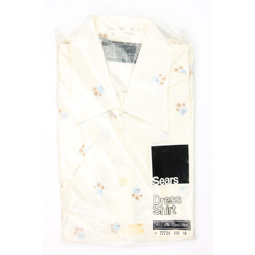 70s Vintage Sears Blue Flower Print Retro Mod Hippie Novelty Dress Shirt